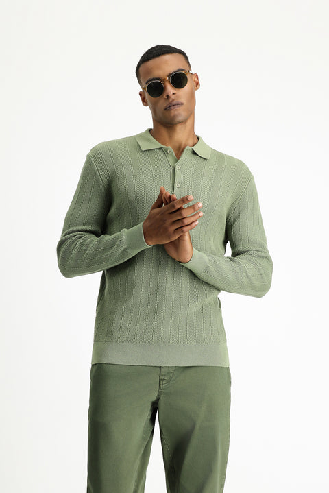Light Green Polo Collar Buttoned Slim Fit Patterned Cotton Knit Sweater