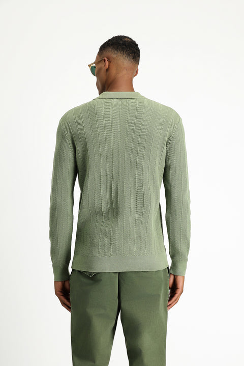Light Green Polo Collar Buttoned Slim Fit Patterned Cotton Knit Sweater