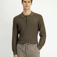 Medium Brown Polo Collar Regular Fit Patterned Cotton Knit Sweater