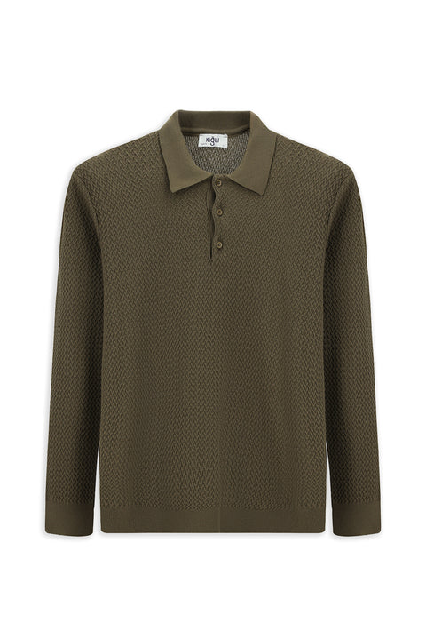 Medium Brown Polo Collar Regular Fit Patterned Cotton Knit Sweater
