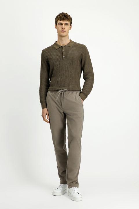 Medium Brown Polo Collar Regular Fit Patterned Cotton Knit Sweater