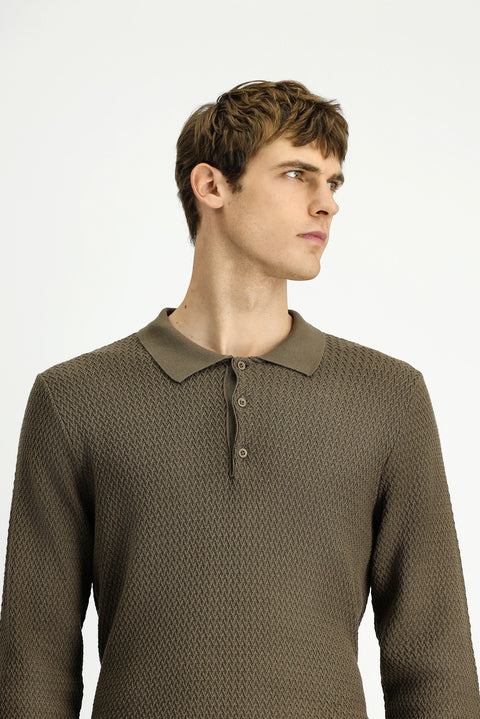 Medium Brown Polo Collar Regular Fit Patterned Cotton Knit Sweater