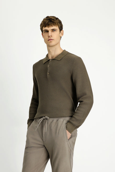Medium Brown Polo Collar Regular Fit Patterned Cotton Knit Sweater