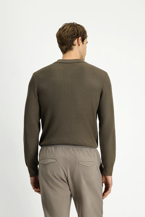 Medium Brown Polo Collar Regular Fit Patterned Cotton Knit Sweater