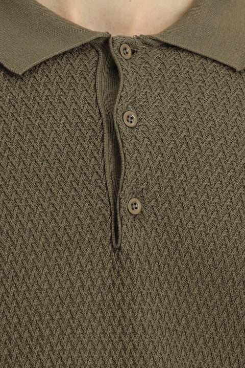 Medium Brown Polo Collar Regular Fit Patterned Cotton Knit Sweater