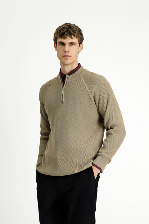 Medium Beige Half Turtleneck Regular Fit Zip-Up Patterned Cotton Knit Sweater