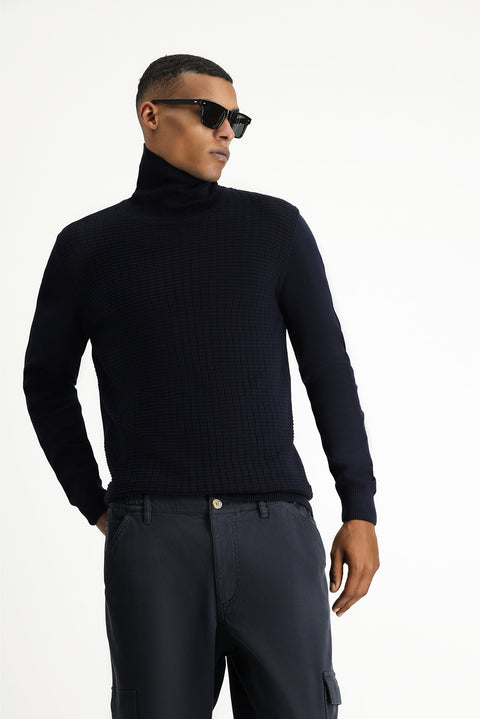 Dark Navy Turtleneck Regular Fit Patterned Cotton Knit Sweater