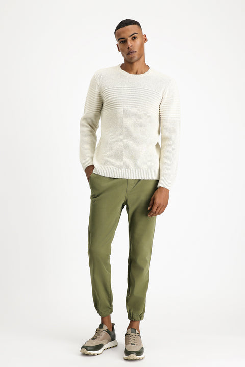 Light Beige Crew Neck Regular Fit Striped Knit Sweater