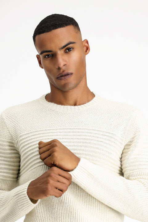 Light Beige Crew Neck Regular Fit Striped Knit Sweater