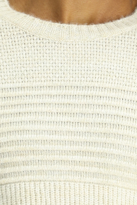Light Beige Crew Neck Regular Fit Striped Knit Sweater