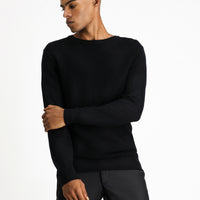 Black Crew Neck Regular Fit Patterned Cotton Knit Sweater