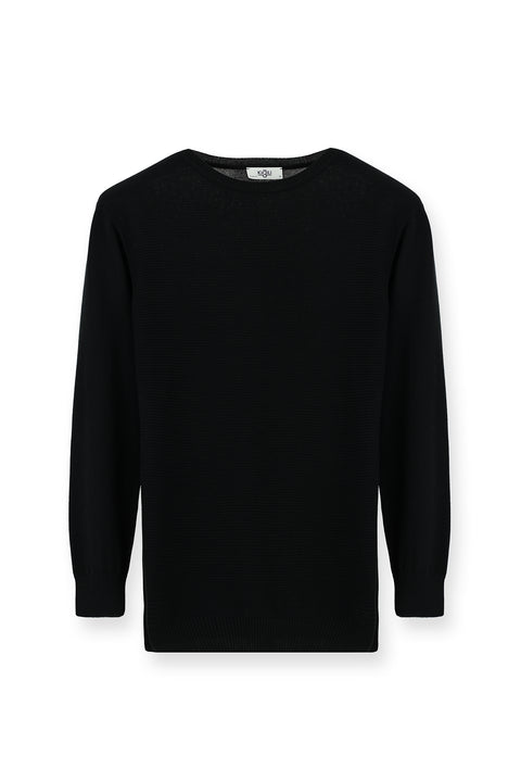 Black Crew Neck Regular Fit Patterned Cotton Knit Sweater