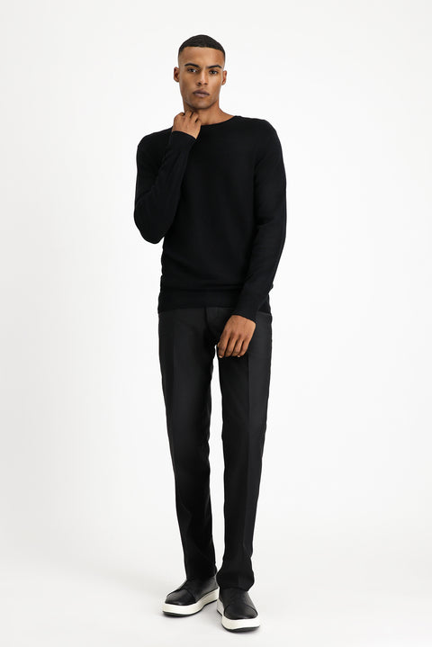 Black Crew Neck Regular Fit Patterned Cotton Knit Sweater