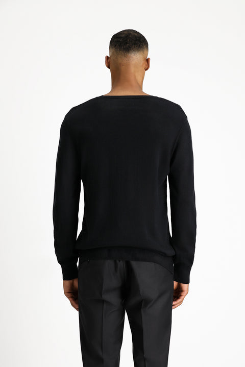 Black Crew Neck Regular Fit Patterned Cotton Knit Sweater