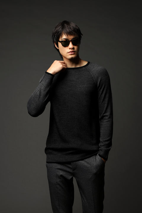 Black Crew Neck Slim Fit Striped Knit Sweater