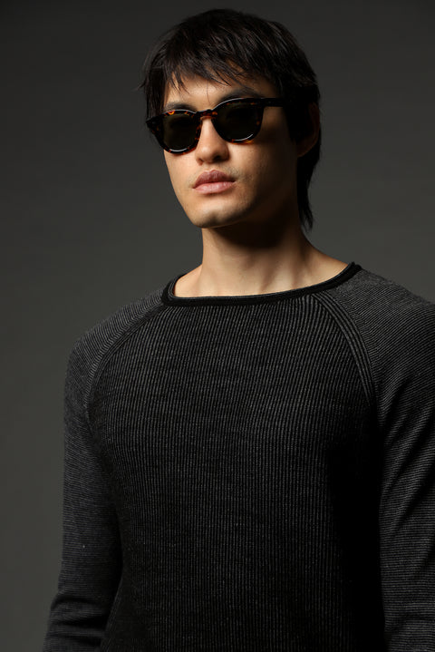 Black Crew Neck Slim Fit Striped Knit Sweater
