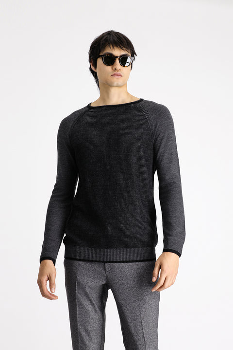 Black Crew Neck Slim Fit Striped Knit Sweater