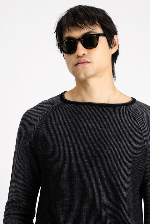 Black Crew Neck Slim Fit Striped Knit Sweater