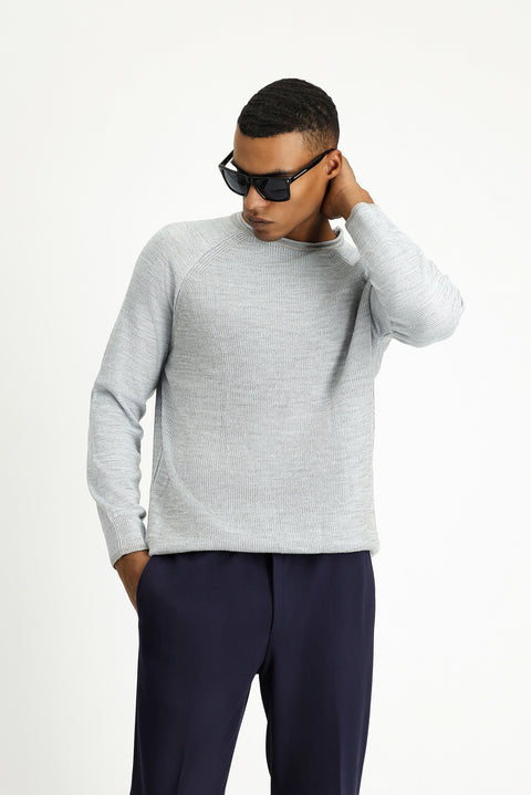 Light Blue Crew Neck Slim Fit Striped Knit Sweater