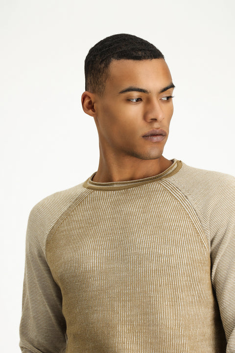 Açık Bej Bisiklet Yaka Slim Fit Dar Kesim Çizgili Triko Kazak