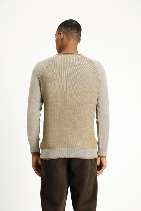 Açık Bej Bisiklet Yaka Slim Fit Dar Kesim Çizgili Triko Kazak