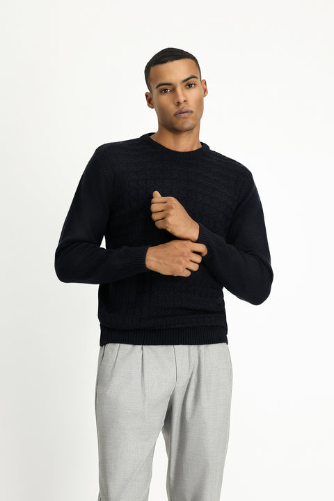 Dark Navy Crew Neck Regular Fit Patterned Knit Sweater