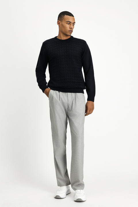 Dark Navy Crew Neck Regular Fit Patterned Knit Sweater