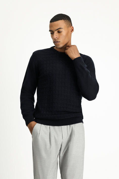 Dark Navy Crew Neck Regular Fit Patterned Knit Sweater