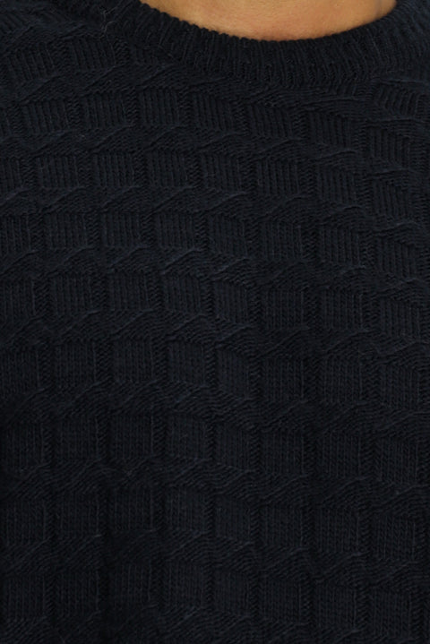 Dark Navy Crew Neck Regular Fit Patterned Knit Sweater