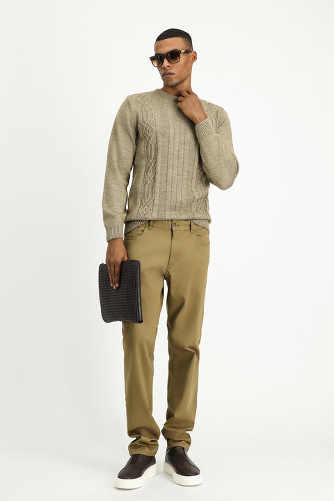 Medium Beige Crew Neck Regular Fit Patterned Knit Sweater