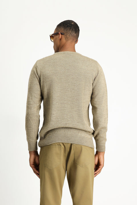 Medium Beige Crew Neck Regular Fit Patterned Knit Sweater