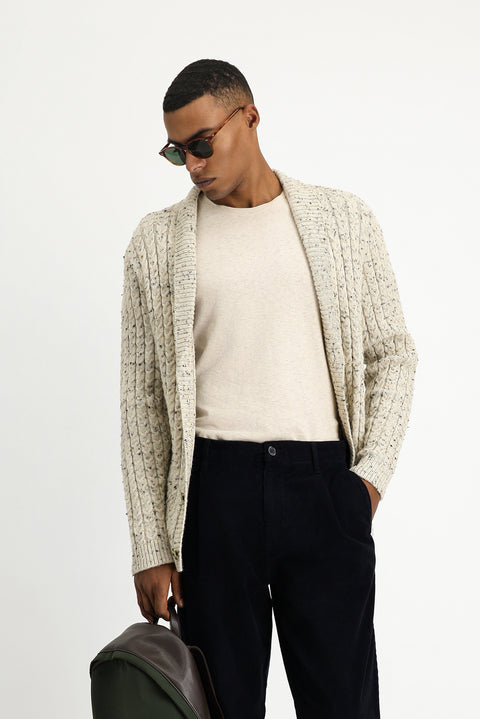 Off-white Shawl Collar Regular Fit Patterned Wool Buttoned Knit Cardigan