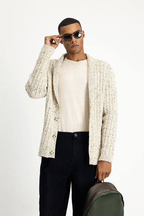 Off-white Shawl Collar Regular Fit Patterned Wool Buttoned Knit Cardigan