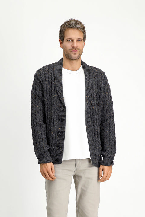 Dark Anthracite Shawl Collar Regular Fit Patterned Wool Buttoned Knit Cardigan