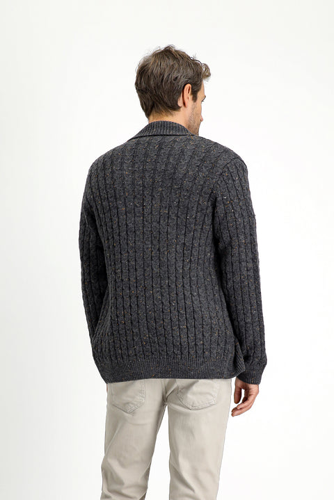 Dark Anthracite Shawl Collar Regular Fit Patterned Wool Buttoned Knit Cardigan