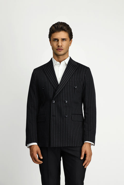 Black 6 Drop Regular Fit Striped Knit Double-Breasted Jacket