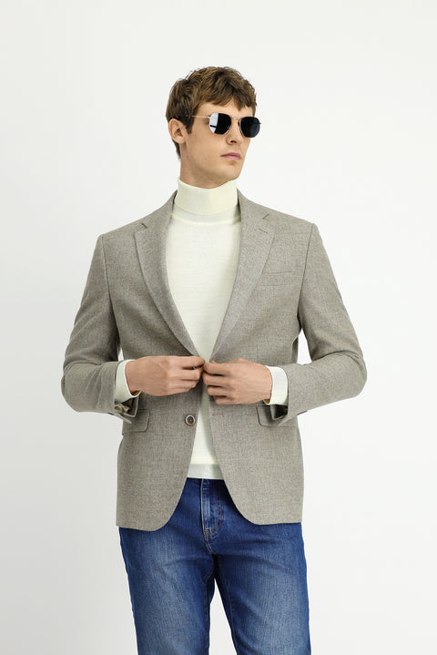Orta Bej 7 Drop Slim Fit Dar Kesim Desenli Yünlü Ceket