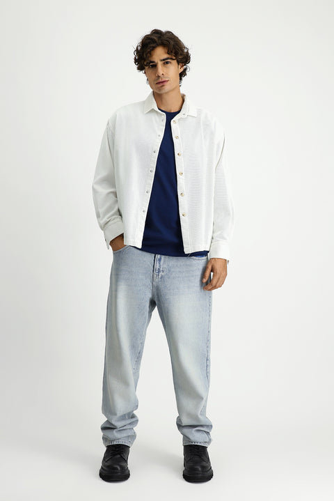 White Long Sleeve Oversize Extra Comfortable Fit Cotton Velvet Sport Shirt