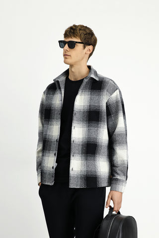 Siyah Uzun Kol Oversize Ekstra Rahat Kesim Spor Ekose Shacket Oduncu Pamuklu Gömlek / Mont