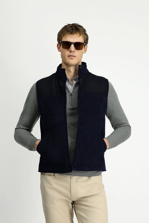 Dark Navy High-Neck Snap Button Velvet Sports Vest
