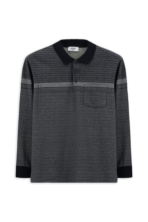 Orta Lacivert Polo Yaka Regular Fit Çizgili Sweatshirt