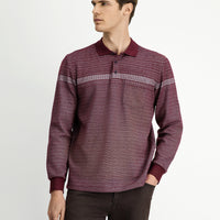 Dark Burgundy Polo Collar Regular Fit Striped Sweatshirt
