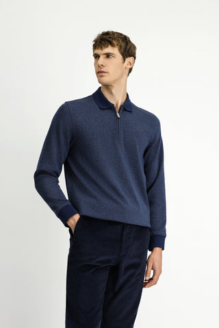 Orta Lacivert Polo Yaka Regular Fit Desenli Fermuarlı Pamuklu Sweatshirt