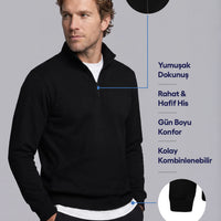 Siyah Yarım Balıkçı Yaka Regular Fit Pamuklu Mevsimlik Nakışlı 2 İplik Fermuarlı Sweatshirt