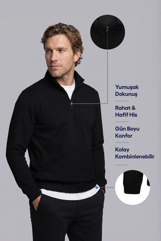Siyah Yarım Balıkçı Yaka Regular Fit Pamuklu Mevsimlik Nakışlı 2 İplik Fermuarlı Sweatshirt