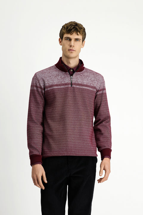Dark Burgundy Half Turtleneck Regular Fit Patterned Zip-Up Cotton Sweatshirt