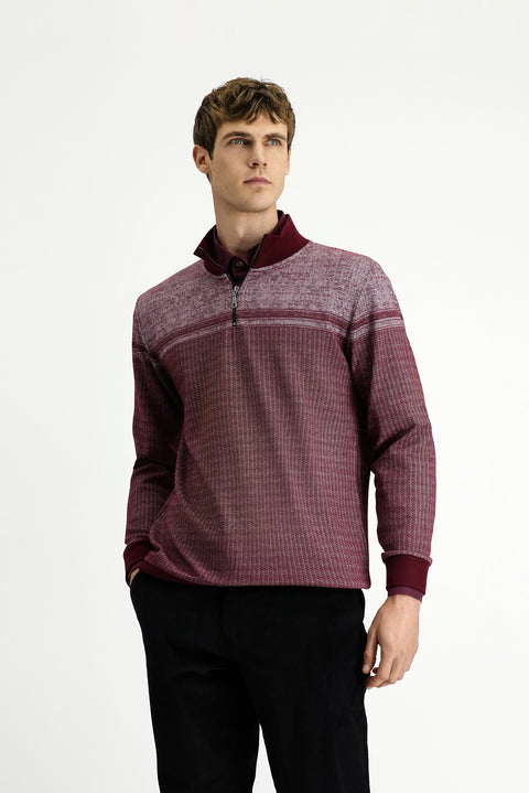 Dark Burgundy Half Turtleneck Regular Fit Patterned Zip-Up Cotton Sweatshirt
