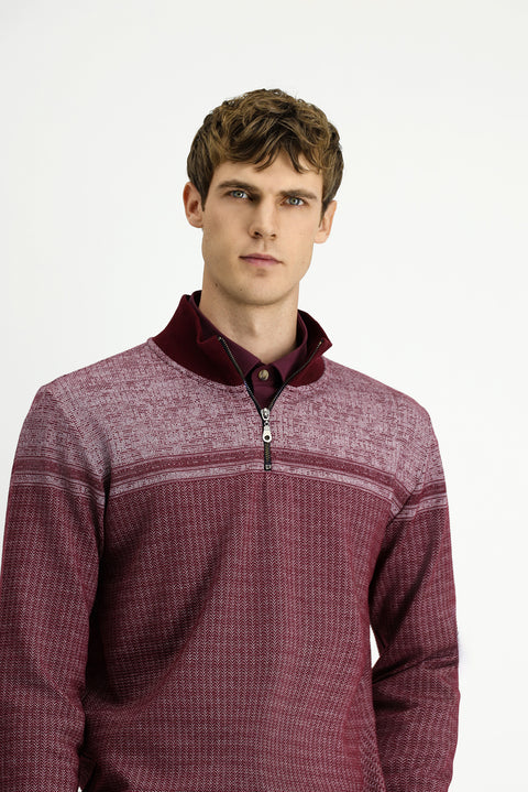 Dark Burgundy Half Turtleneck Regular Fit Patterned Zip-Up Cotton Sweatshirt