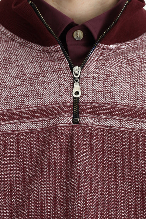 Dark Burgundy Half Turtleneck Regular Fit Patterned Zip-Up Cotton Sweatshirt