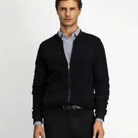 Black Zip-Up Patterned Cotton Bomber Sweatshirt